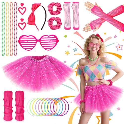 9Pcs Girls 80s Fancy Dress Accessories Set, 1980s Neon Costume Outfit with Pink Tutu Skirt Neon Leg Warmers Fishnet Gloves for Women Ladies Retro Themed Party Festivals Hen Nights Dress Up Day