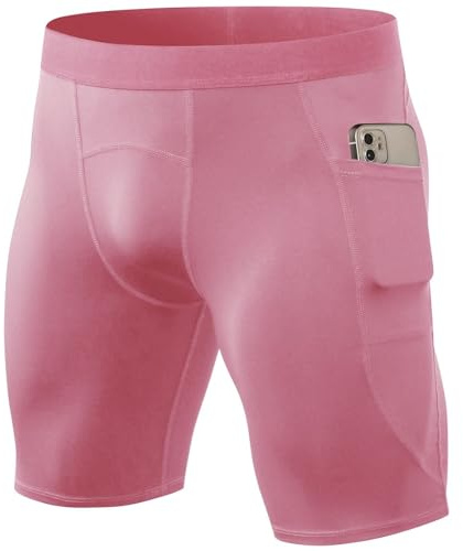 SPVISE Short de compression pour homme en élasthanne, short de sport, short d'entraînement, de course à pied, de gym, maillot de corps athlétique à poches, rose, Taille L