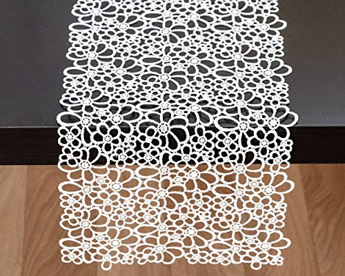 Plauener Stickerei Tischband Tischläufer Blumen aus 25 x 70 cm breit weiß aus purer Spitze