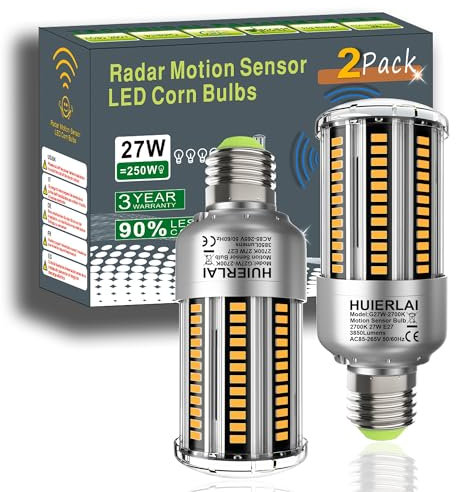 HUIERLAI mit Bewegungsmelder und Dämmerungssensor E27 LED Lampe, 27W Birne ersetzt 250W Glühbirne, Automatische On/Off, Warmweiß 2700K, 3850 Lumen (2-Stück)