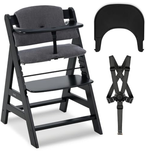 hauck Hochstuhl Alpha+ mit Tablett Click Tray und Sitzpolster - Mitwachsender Babystuhl aus Holz, Kinderhochstuhl ab 6 Monate, verstellbar - Schwarz