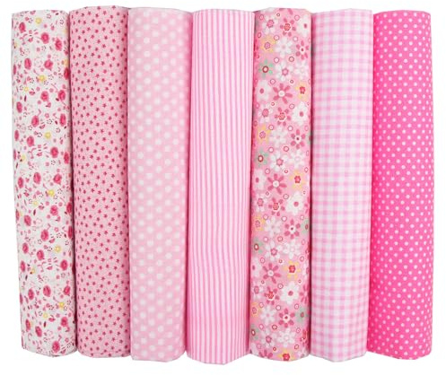 YSUY 7PCS Fat Quarters Fabric Bundles, 20x20 Precut Quilting Cotton for Sewing, Patchwork, DIY Crafts & Embroidery, Soft, Durable Material for Sewing (Pink)