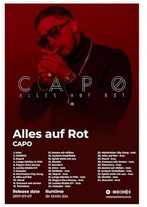 CAPO Kunstposter Hip Hop Musikalbum Alles Auf Rot Cover Tracklist Stilvolle Rapper Sänger Fans Geschenk Rap-Rap Raumdekor Leinwand Poster Wandkunst Dekor Druck Bild Gemälde für Wohnzimmer Schlafzimmer