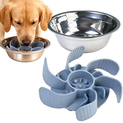 Kaiyzo Gamelle Anti Glouton Chien, Insert Silicone Anti Étouffement avec Ventouse Puissante, Bol INOX Inclus pour Grandes Races, 17 cm Diamètre Extérieur 11 cm Diamètre Intérieur 3.5 cm Hauteur, Gris