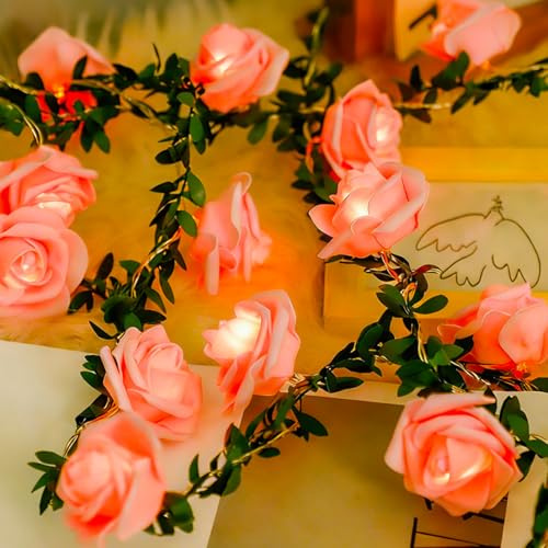 1.5M Künstliche Lichterkette Blumen, Lichterkette Rosen Ranken Mit 20-Led Licht Hängende Rosen Lichter Blumengirlande mit Fernbedienung Timer für Hochzeitsfeier Dekor (A)