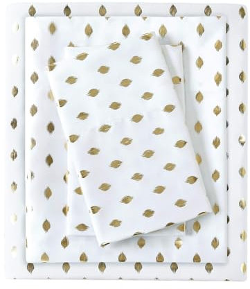 Intelligent Design Gemütliches Mikrofaser-Bettlaken-Set, Moderne Ganzjahres-Bettwäsche und Kissenbezüge, hochwertige 35,6 cm elastische Tasche, passend für bis zu 40,6 cm Matratzen, Full White/Gold