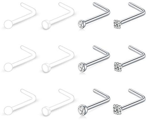 Mayhoop Nasenstecker mit Zirkonia Kristalle Piercing Schmuck 12 STK 18 Gauge Chirurgenstahl und Bioflex Nasenpiercing Retainer Flexibler Kunststoff Nasen Retainers