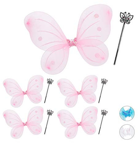 Relaxdays 5 x Feenflügel mit Zauberstab, Fee Kostüm Kinder, Flügel & Zepter, Elfen Kostüm Glitzer, Mädchen, Feenset, pink & Silber