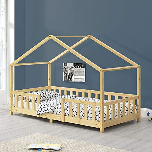 [en.casa] Kinderbett Treviolo Hausbett 90 x 200 cm Holzbett für Kinder mit Rausfallschutz Montessori Bettgestell mit Lattenrost Kiefernholz Holzfarben