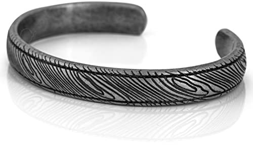 Akitsune Orbis Armreif | Damaszener Antik Armschmuck Frauen Herren Edelstahl Armband Rustikal - Antik-Silber 55mm