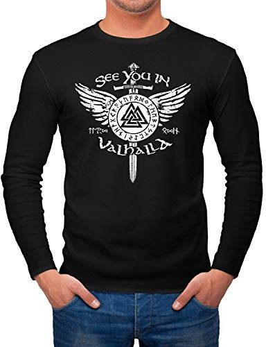 Neverless® Herren Longsleeve See You in Valhalla Schwert Runen Odin Vikings Langarm-Shirt Fashion Streetstyle schwarz XXL