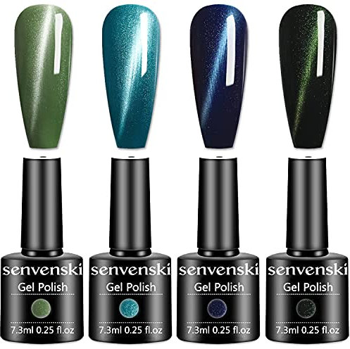 Senvenski Green Cat Eye Gel Nail Polish Kit - UV/LED Magnetic Nail Art Set with Army Green Navy Blue Emerald Olive Turquoise Glitter Colours | Manicure Gift Kit for Women Salon Home Use (MY004)