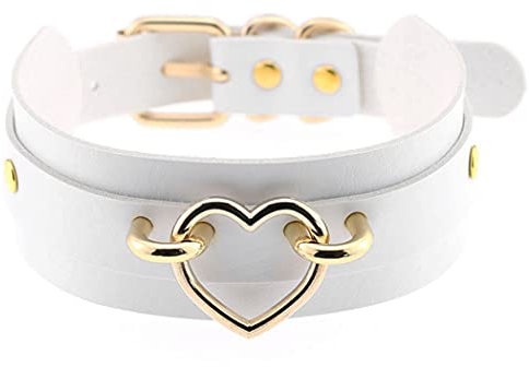 Aabellay Breit Lederhalsband Halskette Herz Form Damen Leder Choker Metall Ring Halsband Gotik Punk Rock Lederband Einstellbar Kragen - Weiß mit Gold Herz