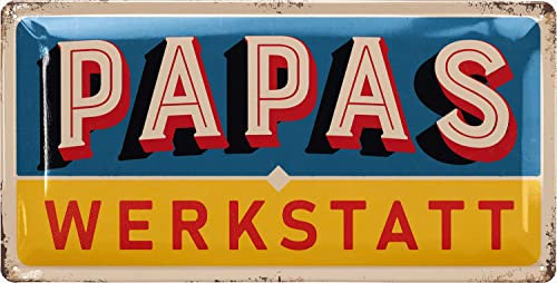 LANOLU Blechschild PAPAS WERKSTATT - Schild Papas Service - Geburtstagsgeschenk oder Vatertagsgeschenk Schild für Vater - lustige retro Deko mit Spruch, 17x34 cm