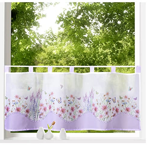 heimtexland ® Scheibengardine Blumen Gardine Digitaldruck HxB 45x120 Fensterdekoration Oekotex Bistrogardine Lila Typ789 Lavendel Lila