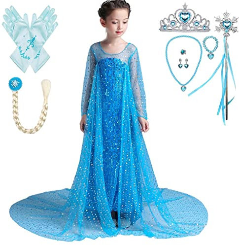 Lito Angels Eiskönigin Prinzessin Elsa Pailletten Blau Kleid mit Umhang und Zubehör für Kinder Mädchen, Verkleidung Kostüm, Größe 9-10 Jahre 140