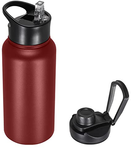 VQRRCKI 32 oz Stainless Steel Insulated Water Bottles with 2 Lids, BPA Free Reusable Metal Sports Water Bottle for Gym Travel Running Hiking Women Men, Red 1 Pack