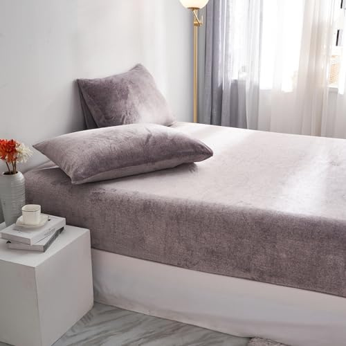 Luofanfei Spannbettlaken Bettlaken Warm 120x200 Fleece Winter Grau Samt Warme Plüsch Spannbetttuch 120x200cm Frottee Kuschelige Spannbetttücher Uni Muster Leintuch für Boxspringbett Hohe Matratze
