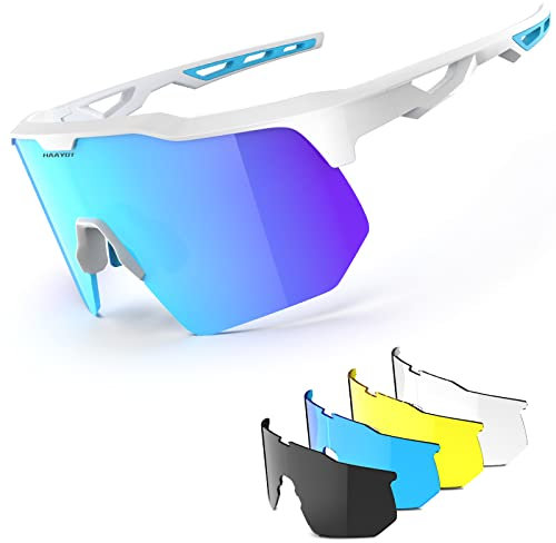 HAAYOT Polarized Cycling Glasses,Sports Sunglasses for Men Women,Baseball Biking Running Fishing Sunglasses with 5 Interchangeable Lenses Azure Blue