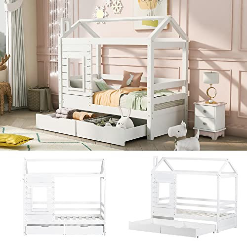Hausbett Kinderbett Jugendbett 160x80 mit Rausfallschutz,vielseitiges Holz Kinderbett für Jungen & Mädchen,Massivholz Kinder Bett mit Rausfallschutz Fenster und Lattenrost,Weiß