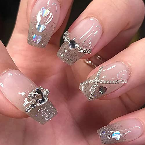 AKOFIC 24Pcs Medium Length False Nails Coffin, French Ballerina Acrylic Press on Nails Designs, Diamond Glitter Full Cover Stick on Nails, Fake Nails with Jelly Glue for Women Girls Nail Art