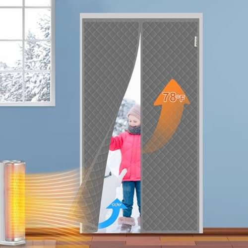 HADOR Magnetic Thermal Insulated Door Curtain Fit Door Size 40 x 83, Quilted Oxford Fabric Thicken Cotton Fill, Winter Cover Keep Cold Draft Out, Blanket Insulation for Front Patio Doors Gray