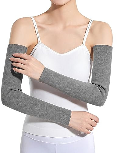 Armwärmer Winter Lang Armstulpen Plüschfutter Ellenbogenbandage Atmungasaktiv Ärmlinge Elastisch Armschutz Armbandage Thermo Ellenbogenwärmer Unisex Kompressionsärmel für Oberarm Unterarm Grau L