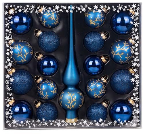 MAGIC Kugelsortiment Glas Dekor 19 TLG. mit Spitze Christbaumkugeln Christbaumschmuck Tannenbaum Deko Weihnachten Weihnachtskugeln (Midnight Blue | blau)