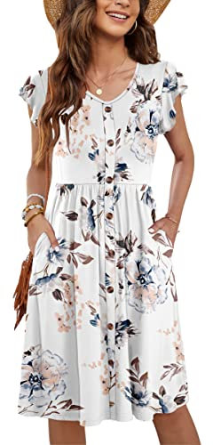MOLERANI Robe d'été décontractée sans Manches V Cou Décontracté Swing Taille élastique avec Poche Robe De Midi pour Les Femmes Fleurs Blanches L