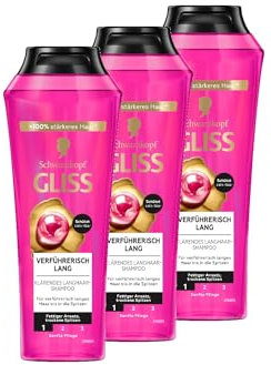 Gliss Shampoo Verführerisch Lang (3x 250 ml), Haarshampoo mit Biotin-Komplex & Pfingstrose, Pflegeshampoo pflegt trockene Spitzen & befreit von fettigem Ansatz