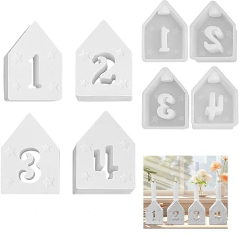 Silikonform Kerzenhalter Haus Mit Zahlen 1-4 - Gießformen für Beton - Einschieber (A)