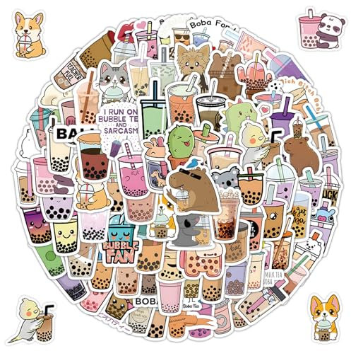 100 Pcs Bubble Tea Aufkleber, Cartoon Getränke Aufkleber, Wasserfeste Aufkleber Sticker Set, Wasserdichtes und Niedliches Selbstklebendes Papier, Tiere Stickers Set