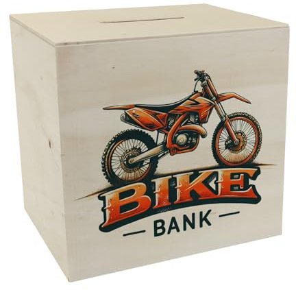 Motocross-Motorrad Spardose aus Holz mit Spruch Bike Bank Perfekte Offroad-Spardose aus Holz im Motocross-Motorrad-Design in orange-schwarz mit coolen Schriftzug darunter