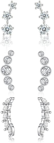 USEEDOVIA Sterling Silver Earrings Set, 3 Pairs Ear Curve Climber & Crawler Earrings, Cubic Zirconia Studs, Hypoallergenic, Perfect for Birthday Gifts