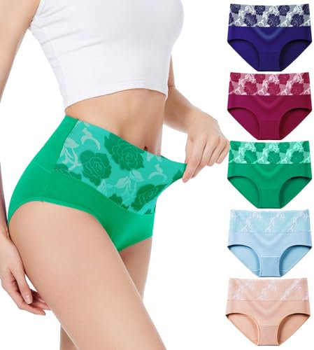 HAVVIS Unterhosen Damen Stretch Baumwolle Hohe Taille Slips Weich Atmungsaktiv Bequeme Unterwäsche Mehrpack (M, A05-5er Pack - Mehrfarbig 01)