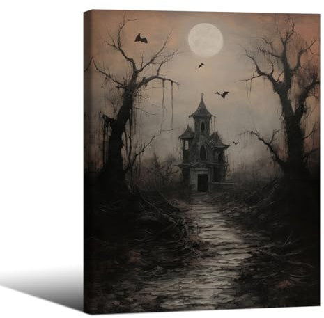 WBSTGUE Dark Academia Wandkunst, Gothic-Halloween-Poster, Vintage-Spukhaus, Leinwanddrucke, 30,5 x 40,6 cm, gerahmt, Gothic, gruseliges Gemälde, dunkle, rustikale Wanddekoration