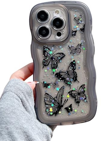 Emlivi Mobile Phone Case for iPhone 11 Pro Transparent Curly Wave Frame Case Glitter Butterfly Silicone Protective Case Transparent Bling Case Butterfly Soft TPU Bumper Cover for iPhone 11 Pro, Black