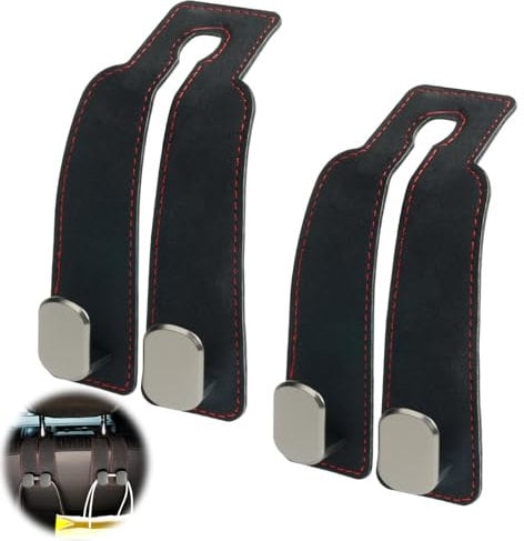 URAQT 2 Pack Car Hooks for Headrest, Leather Car Seat Headrest Double Hooks, Car Back Seat Headrest Hanger, Storage Hooks for Car, Universal Multifunctional Headrest Hooks for Purses and Bags Black
