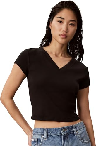 Calvin Klein Damen T-Shirt Kurzarm Woven Label Rib Tee mit V-Ausschnitt, Schwarz (Black), 2XS