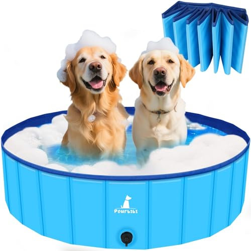 Pourbibi Piscina para Perros, Piscina para Mascotas Plegable, Piscina Extra Grande Niños/Mascota, PVC Antideslizante y Resistente, Drenaje Lateral en Espiral, 80x 20 cm