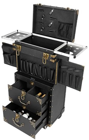 Kosmetikkoffer Trolley mit Schublade, 4-in-1 Make up Koffer Schminkkoffer Groß Friseurkoffer Koffer Beauty Case mit Rollen & Zahlenschlösser, Nagelkoffer Multikoffer (Schwarz+Gold)