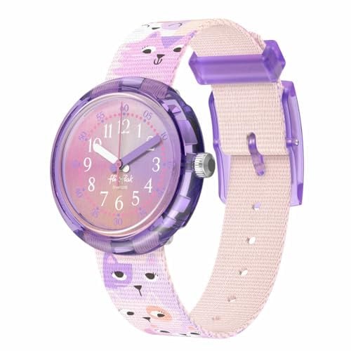 Flik Flak Kinderuhr Cutie Kitty, Lila Armband mit Katzenmotiv, Analoges Zifferblatt