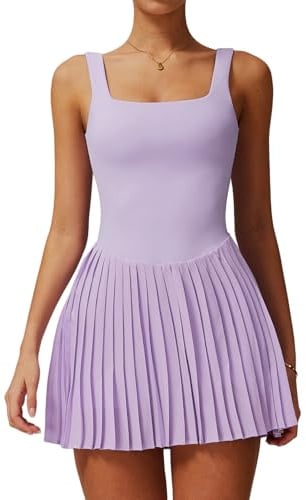 Yknktstc Womens Square Neck Tennis Dress Pleated Sleeveless Backless Built in Shorts Golf Athletic Dress with Pockets, Lilac, S