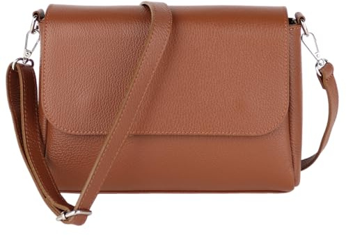 MIRROSI Umhängetasche Damen, Crossbody Bag, Echtleder Made in Italy (1 Tasche 2 Gurte oder Basic Version 1 Tasche 1 Gurt), 27x20x7cm (BXHXT) Mittelgroß (Basic Version (mit 1 Ledergurt): Cognac)