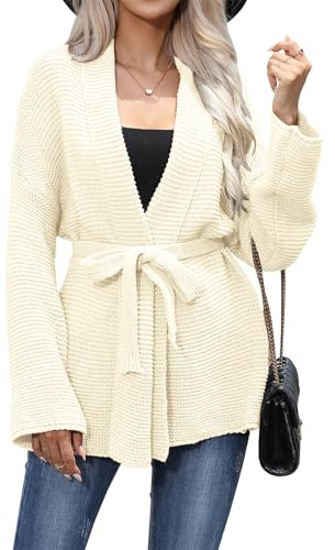 JFAN Strickjacke Damen V Ausschnitt Leichte Cardigan Casual Einfarbig Strickmantel Freizeit Jacket Langarm Mit Gürtel Elegant Top Beige L