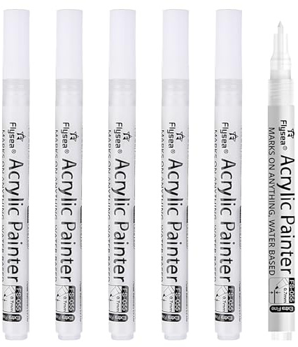 DewGulf Set di 6 pennarelli acrilici bianchi ad asciugatura rapida, punta da 0,7 mm, colore: bianco, punta sottile, utilizzabili su diverse superfici come carta legno, conchiglie d'uovo, tessuto