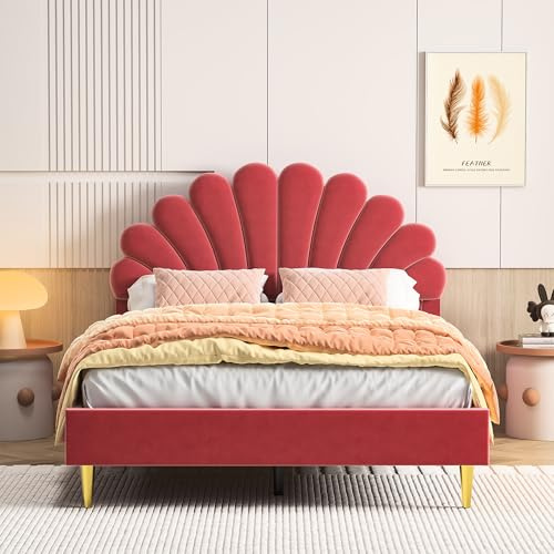 KEFSR Letto imbottito singolo 140x200 cm, letto per ragazze con rete a doghe, testiera regolabile a forma di fiore, rivestimento in velluto, colore rosa rosso, senza materasso (rosa rosso+velluto