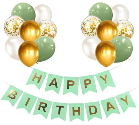 Luftballons Geburtstag Dekoration Set, Grün Gold Geburtstagsdeko Happy Birthday deko Banner Set mit Happy Birthday Luftballons Konfetti Ballons（GN+GD）