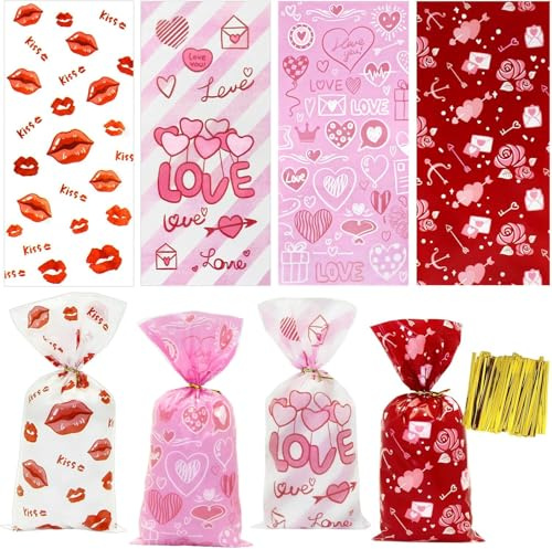100 Stück Transparente Herz Keksbeutel Geschenktüten Valentinstag Süßigkeiten Tüten Herz Cellophan Partyzubehör Geschenktüten für Schokolade Bonbons Kekse