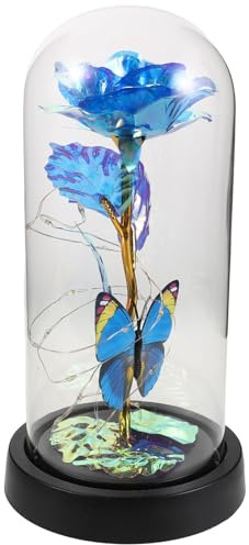PRETYZOOM DôMe Lumineux À Fleurs ÉTernelles avec Rose StabiliséE Bleue Doré Veilleuse DéCorative en Verre 8.07In pour Chambre Cadeau Saint-Valentin Anniversaire Et FêTe des MèRes